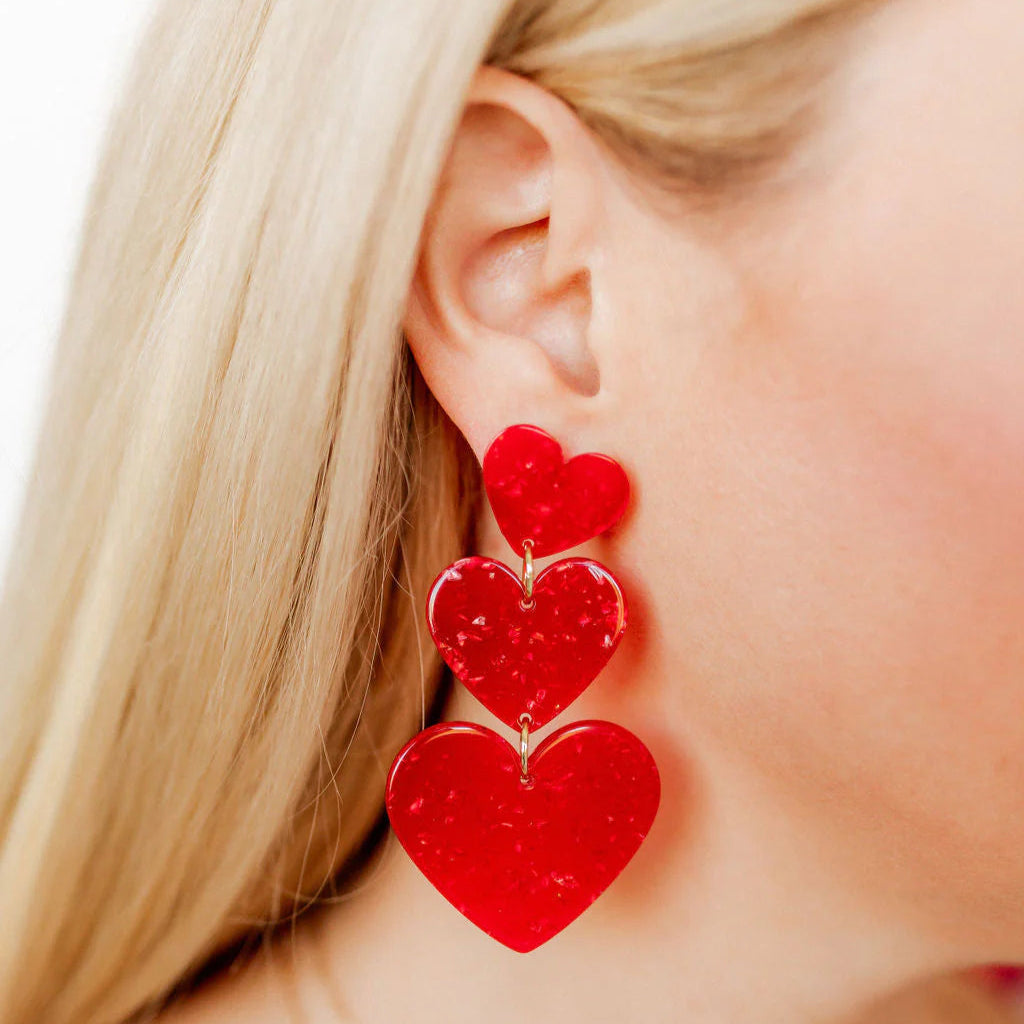 Linny Co | Penny Triple Tier Heart Drop Earrings in Hot Tamale Red