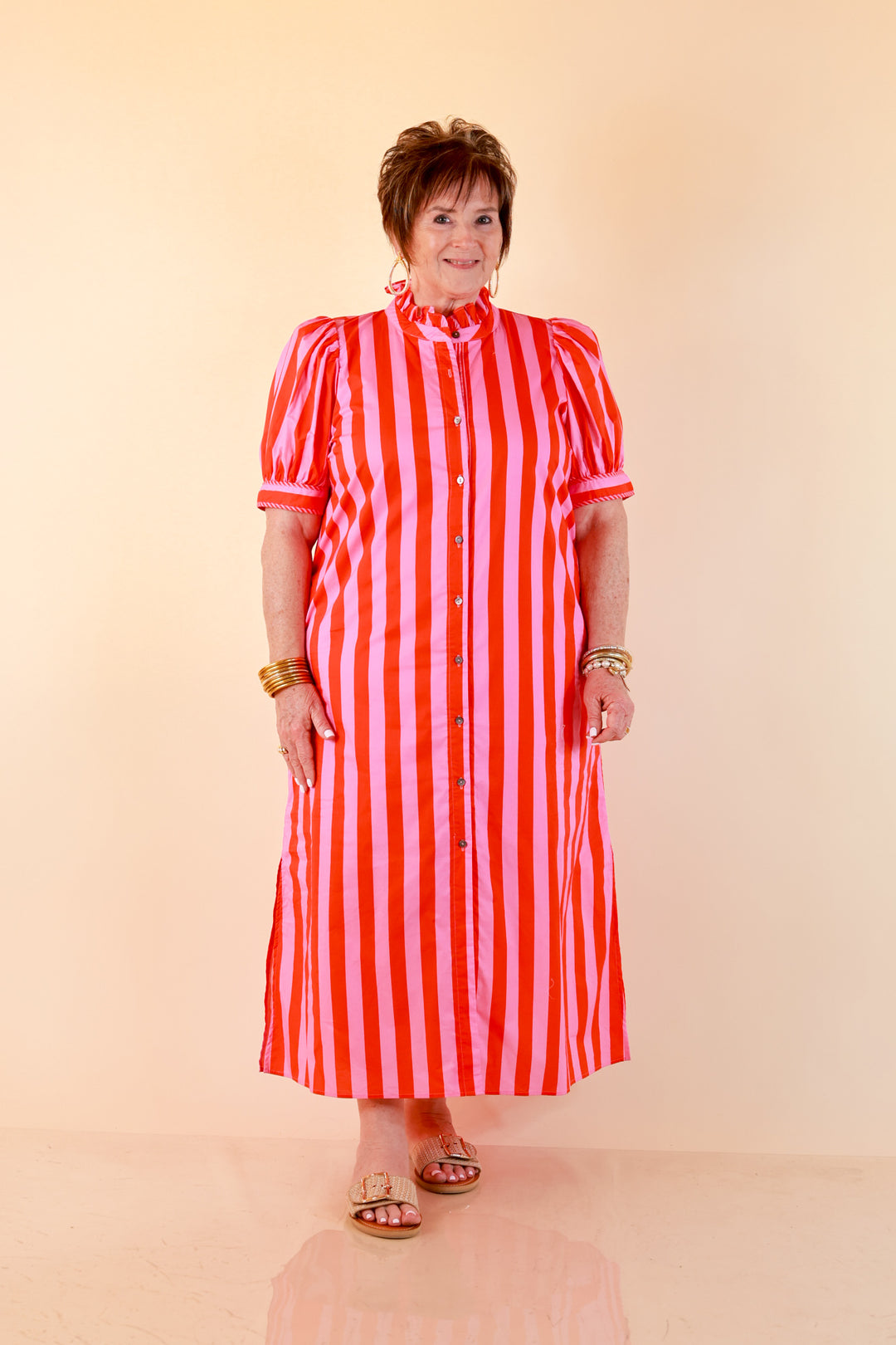 Strut and Shine Stripe Midi Dress with Button Front Detail and Puff Sleeves in Pink and Red