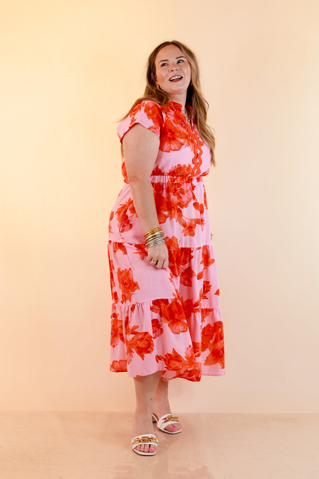 Petals at Play Ric Rac Trim Flutter Sleeve Tiered Midi Dress with Floral Print in Pink and Orange