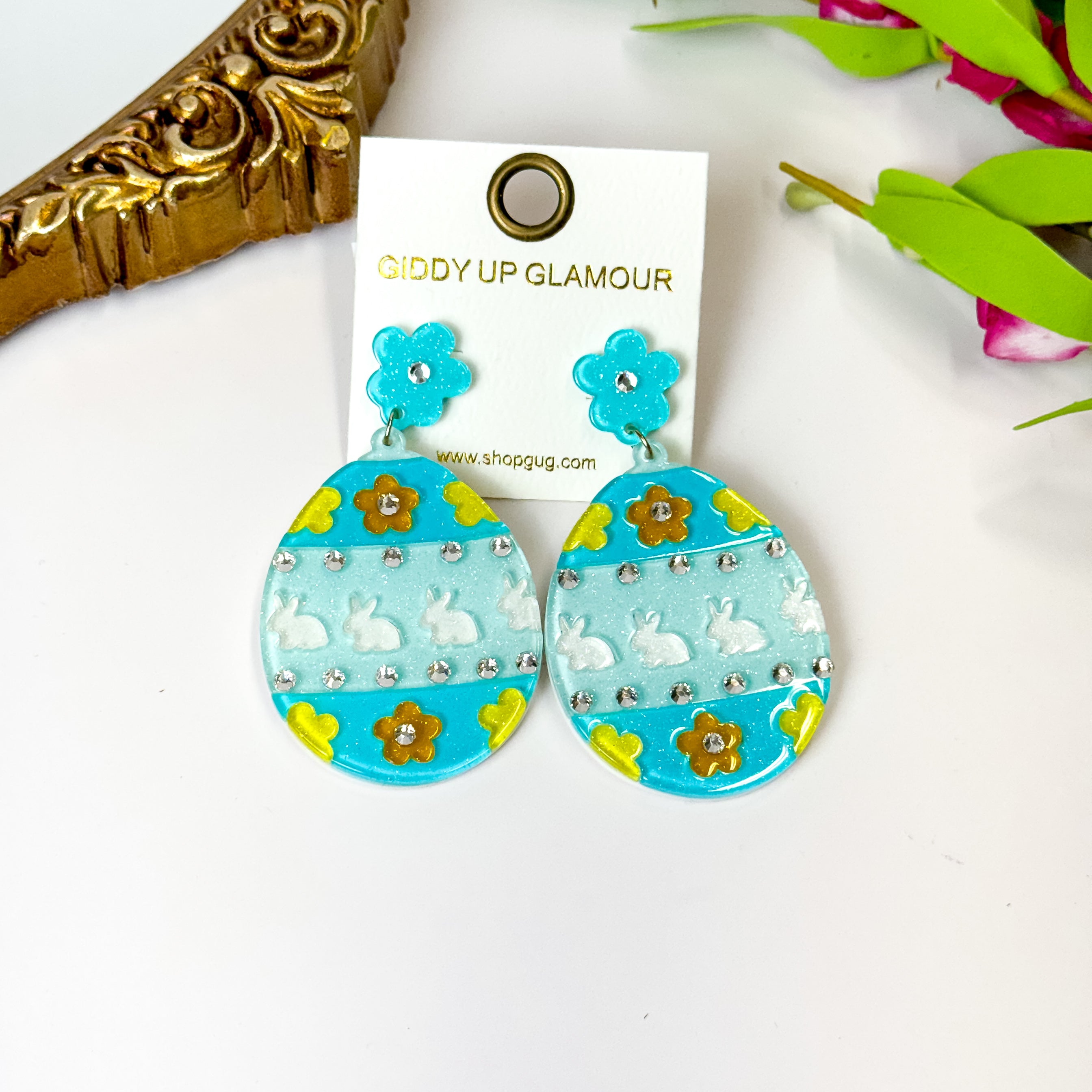 Easter Egg Earrings with Crystals in Turquoise Blue - Giddy Up Glamour Boutique