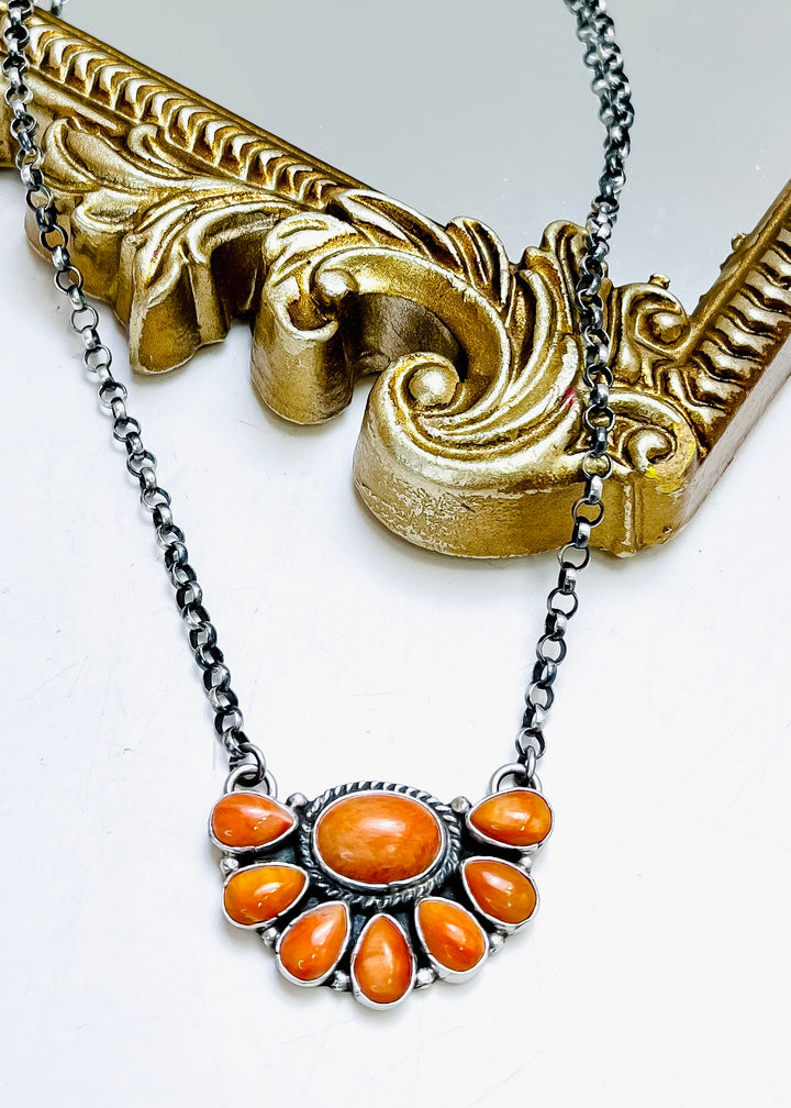 Marcella James Spiny Oyster Half Cluster Necklace  | Sterling Silver Native American Necklace