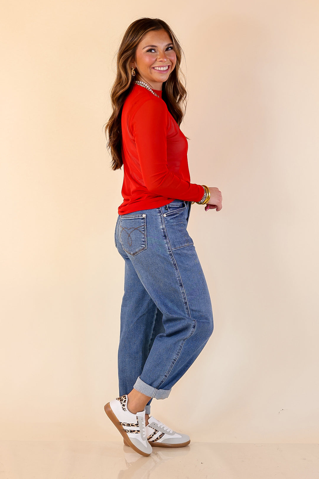 Sheer Confidence Solid Mesh Long Sleeve Top in Red