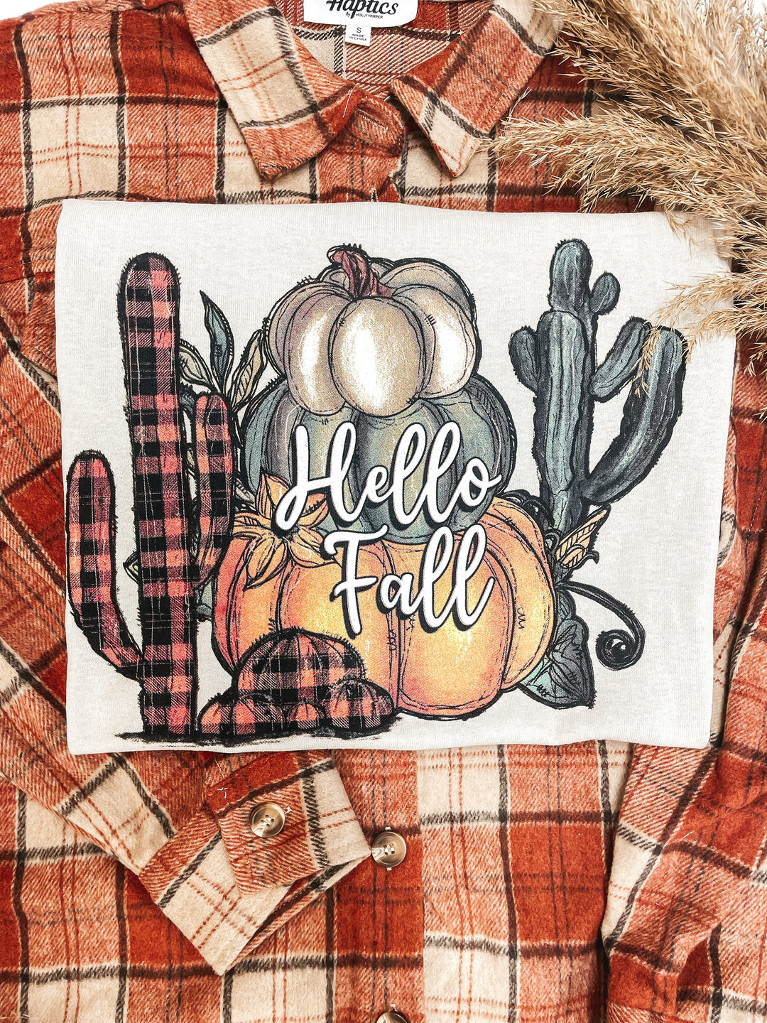 Hello Fall Saguaro Short Sleeve Graphic Tee in Light Beige *slightly blemished* - Giddy Up Glamour Boutique