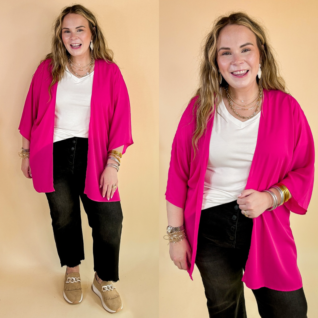 Like a Melody Solid Sheer Kimono in Fuchsia