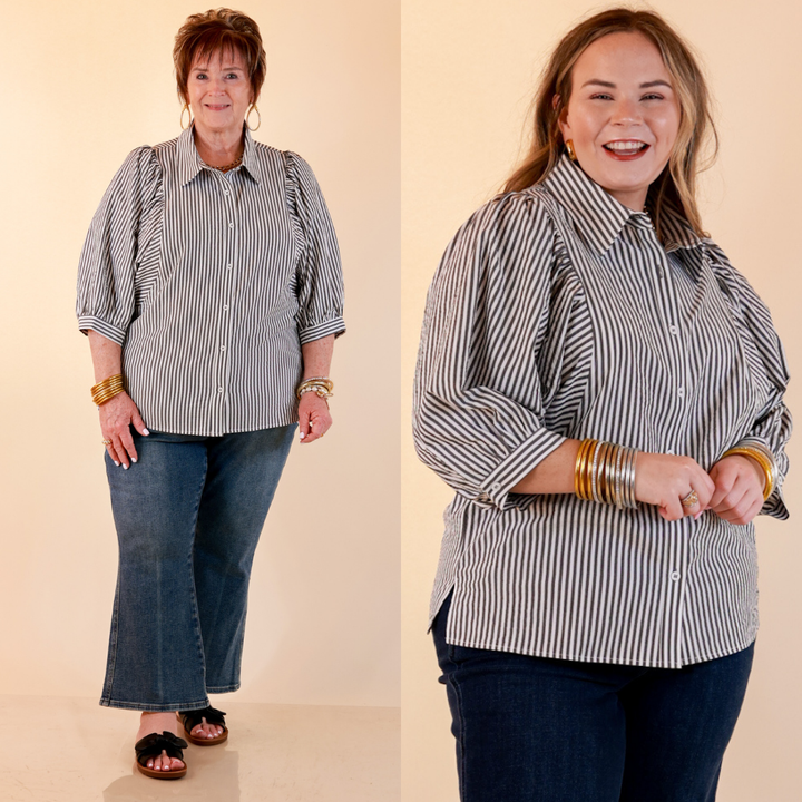 Crisp and Collected Stripe Button Front Collared Top with Puff Short Sleeves in Black and White