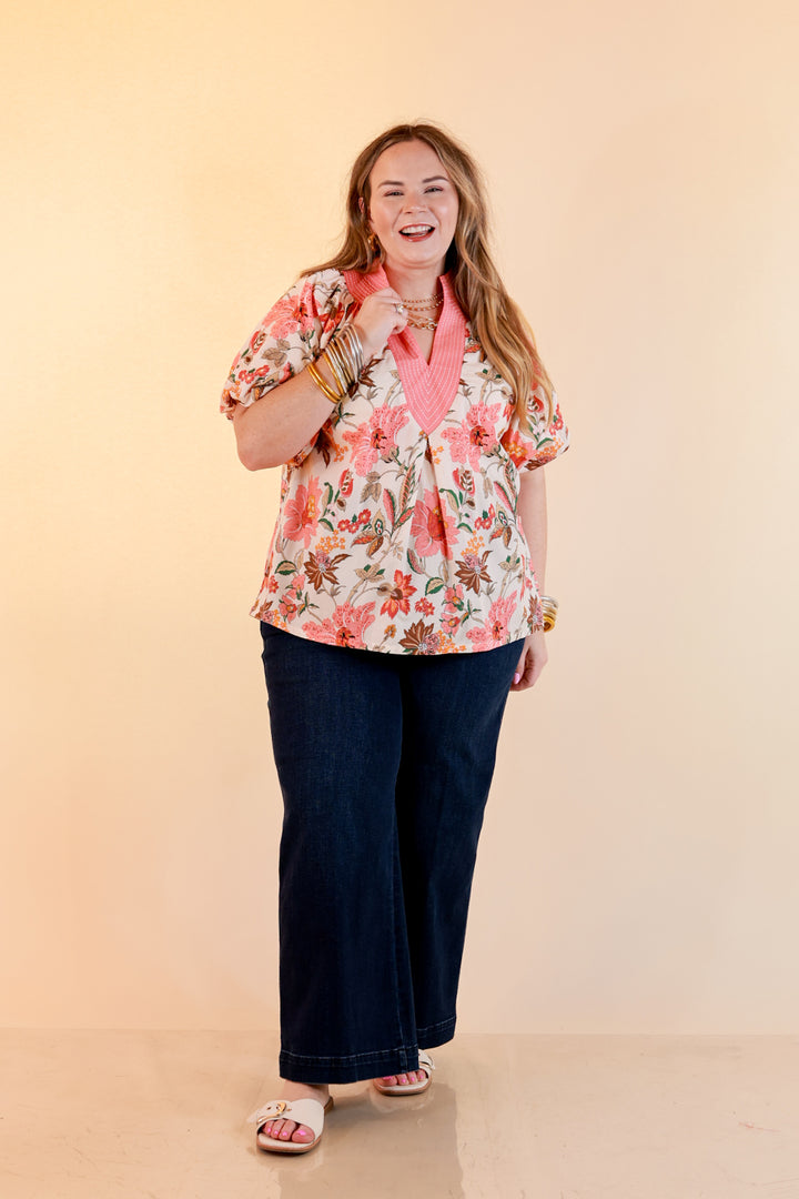 Secret Garden Floral Print Top with Contrast Collar and Puff Sleeves in Pink Multi