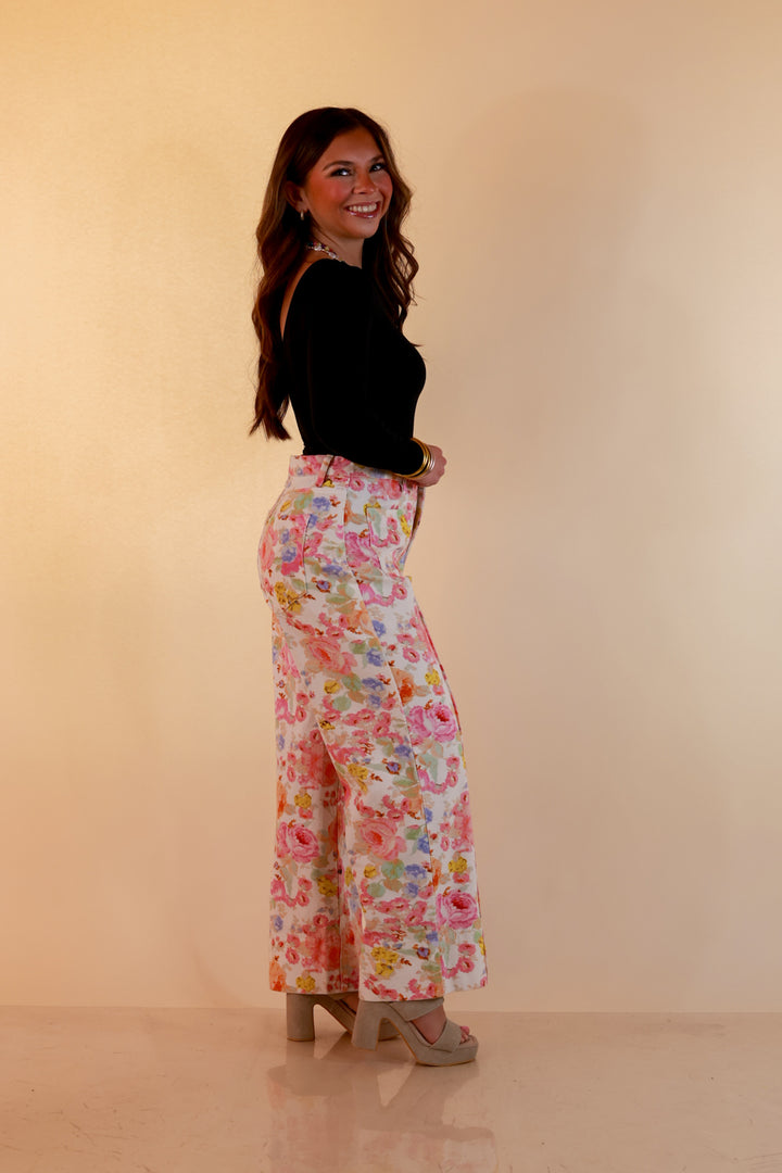 Rosy Outlook Floral Print Wide Leg Denim Pants with Front Seam in Cream