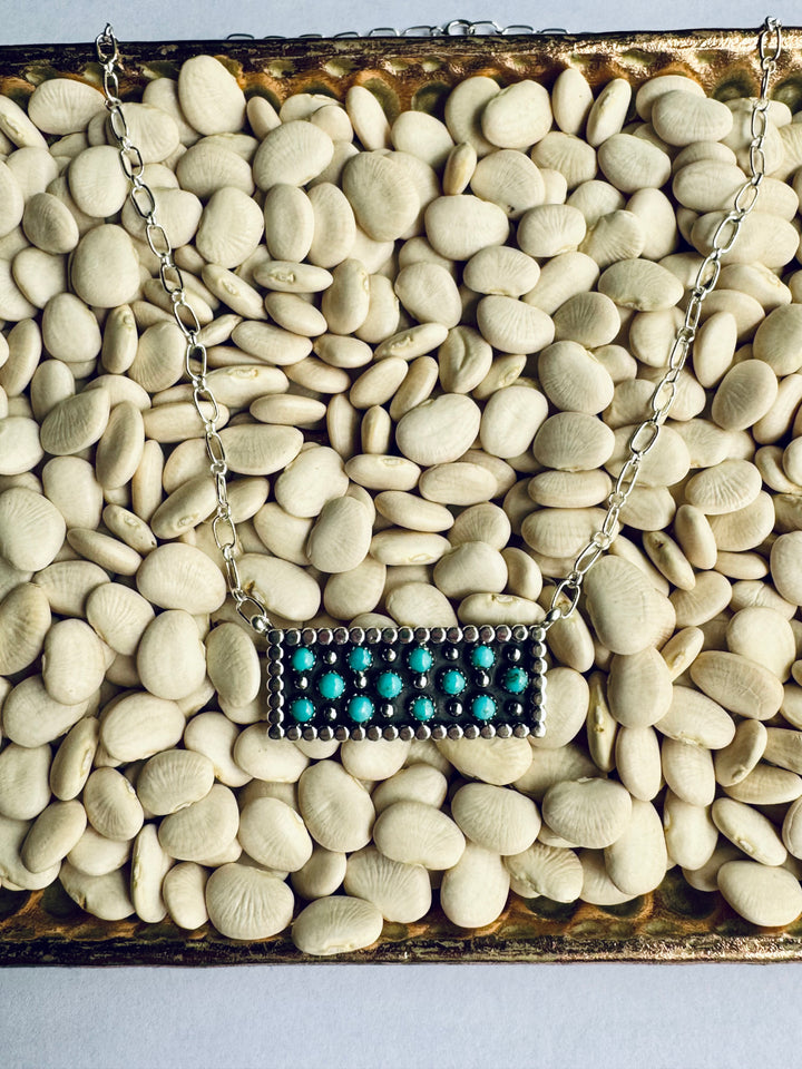 Native American Sterling Silver Bar Necklace with Turquoise Details