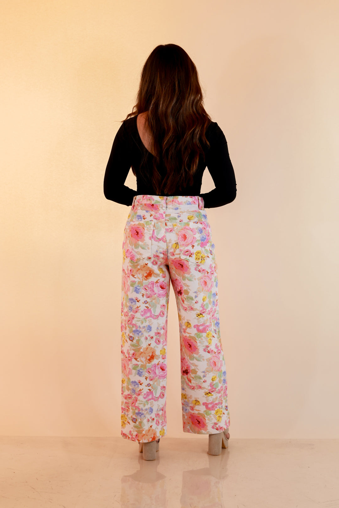 Rosy Outlook Floral Print Wide Leg Denim Pants with Front Seam in Cream
