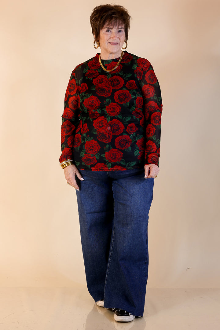 Sheer Confidence Red Rose Print Mesh Long Sleeve Top in Black