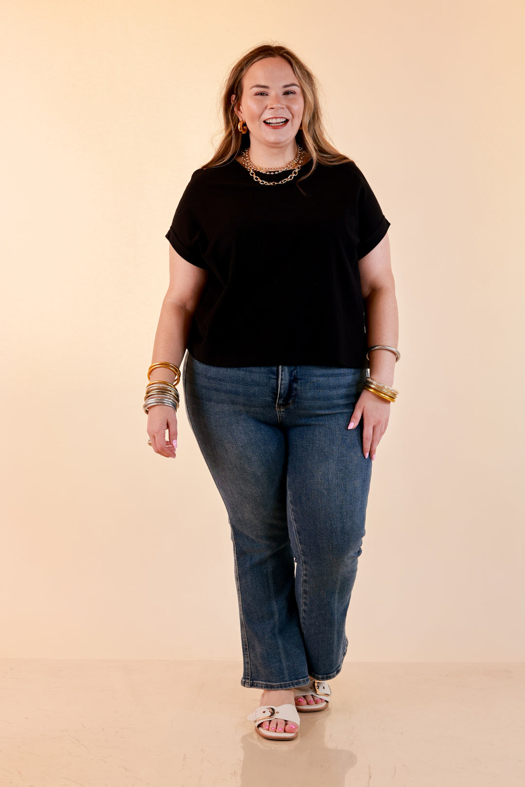 Laidback Luxe Rolled Drop Sleeve Relaxed Fit Basic Short Sleeve Top in Black