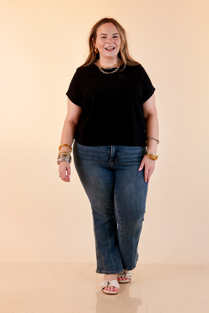 Laidback Luxe Rolled Drop Sleeve Relaxed Fit Basic Short Sleeve Top in Black