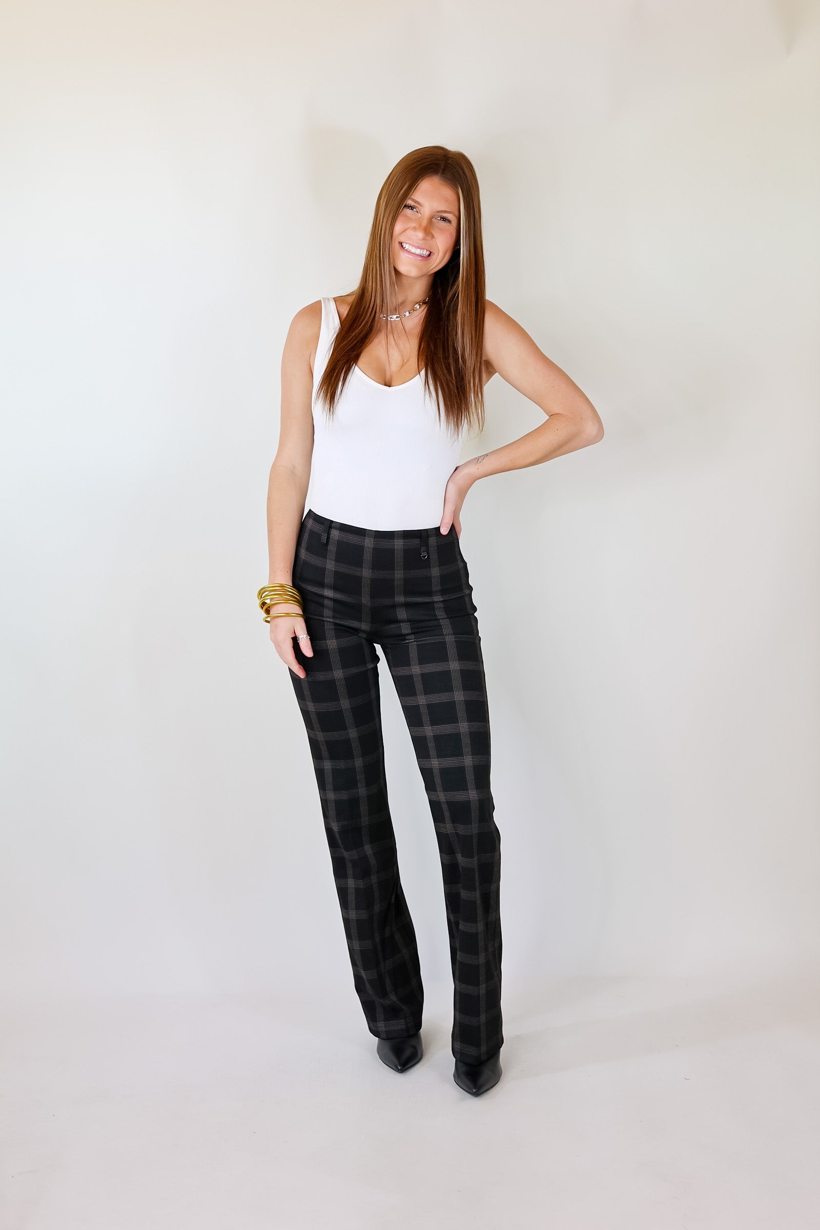 Lyssé | Plaid Baby Bootcut Pants in Black - Giddy Up Glamour Boutique
