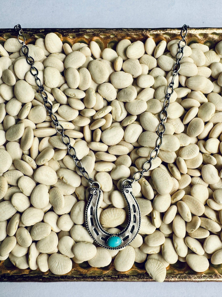 Lucky Horseshoe Native American Handmade Sterling Silver Necklace with Turquoise