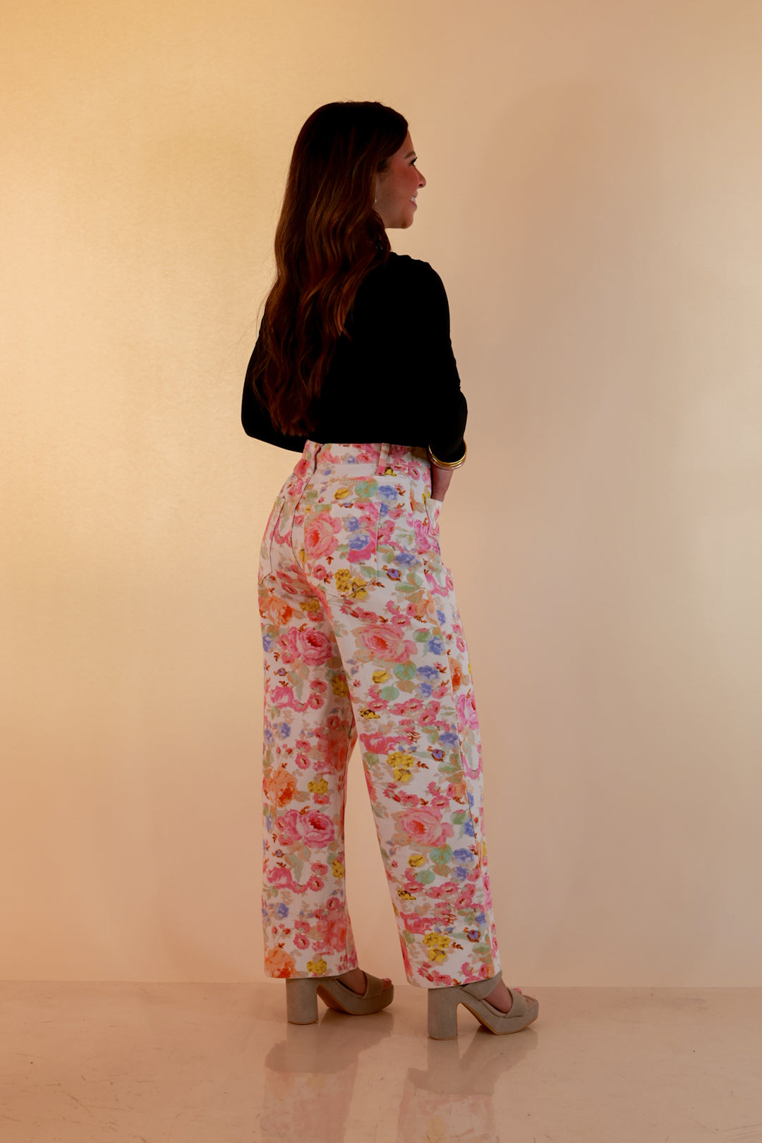 Rosy Outlook Floral Print Wide Leg Denim Pants with Front Seam in Cream
