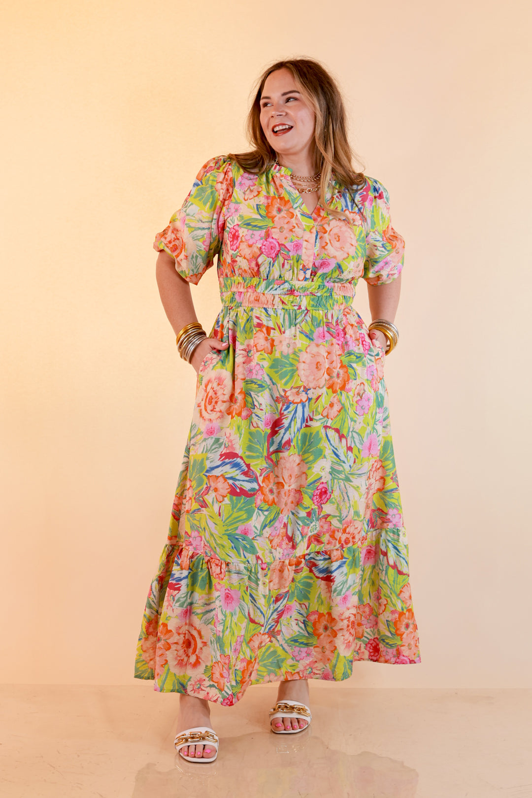 Reserved for Brunch Puff Sleeve Smocked Waist Floral Maxi Dress in Green Multi