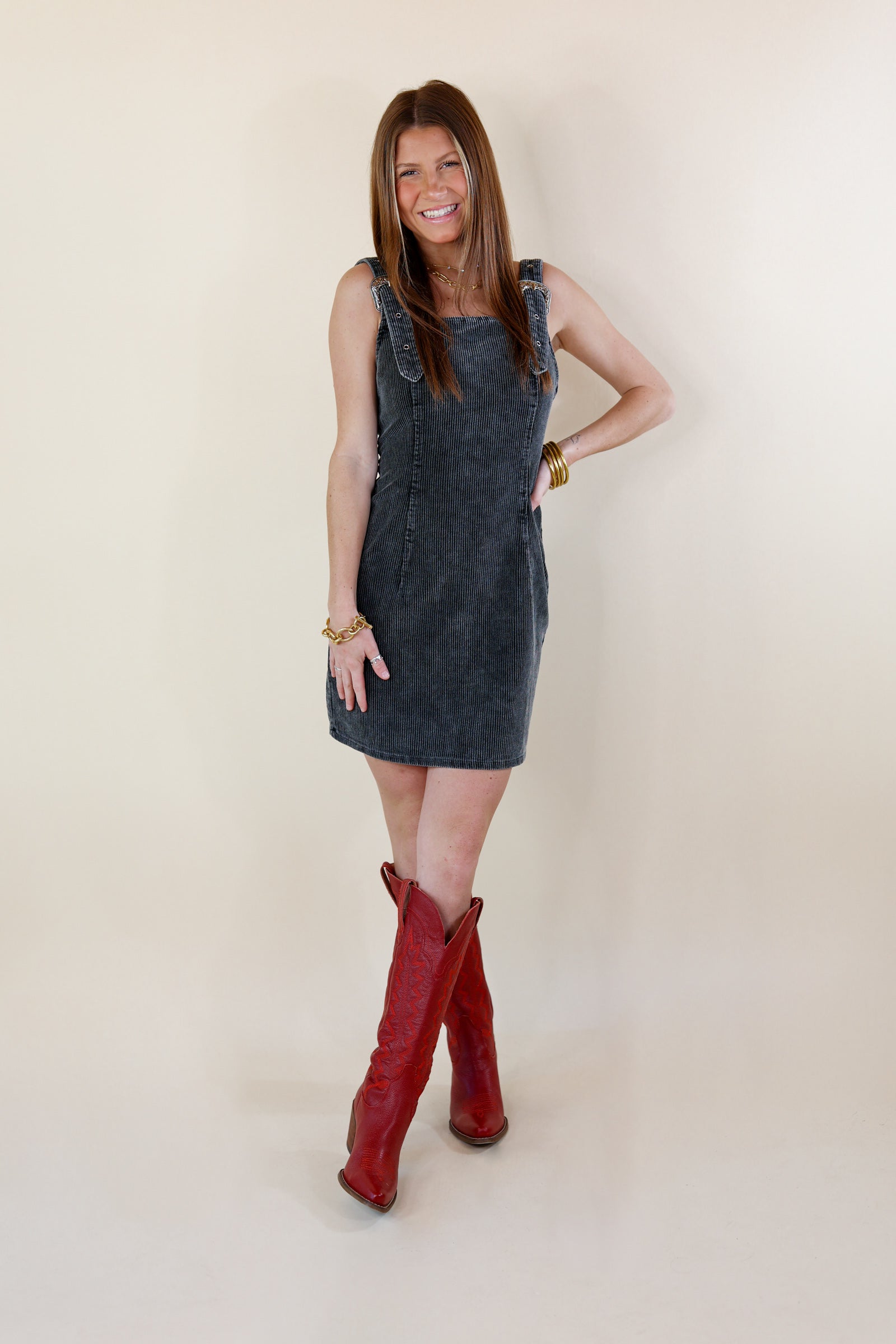 Easy To Style Corduroy Overall Dress with Silver Buckles in Charcoal Black - Giddy Up Glamour Boutique