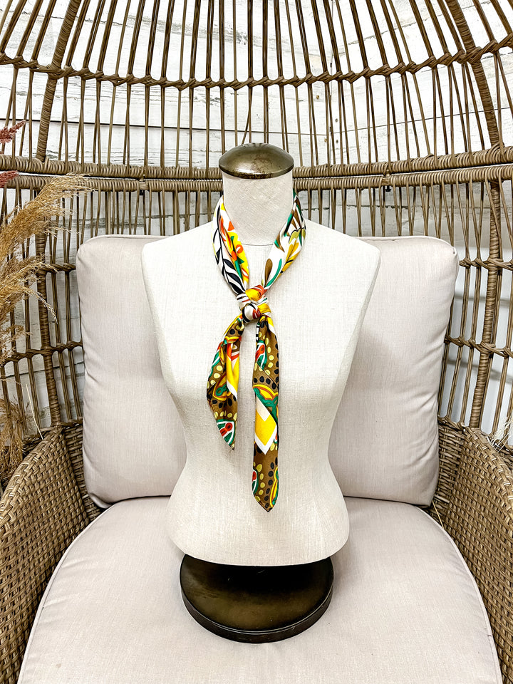 Golden Harvest Floral Fall Tones Silk Feel Square Scarf in Mustard, Green & Rust