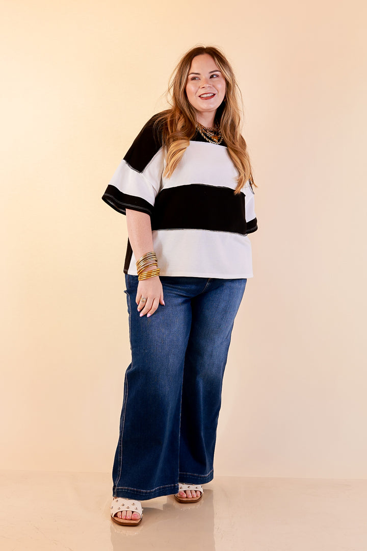 Simply Striking Color Block Rugby Style Wide Stripe Relaxed Short Sleeve Top in Black