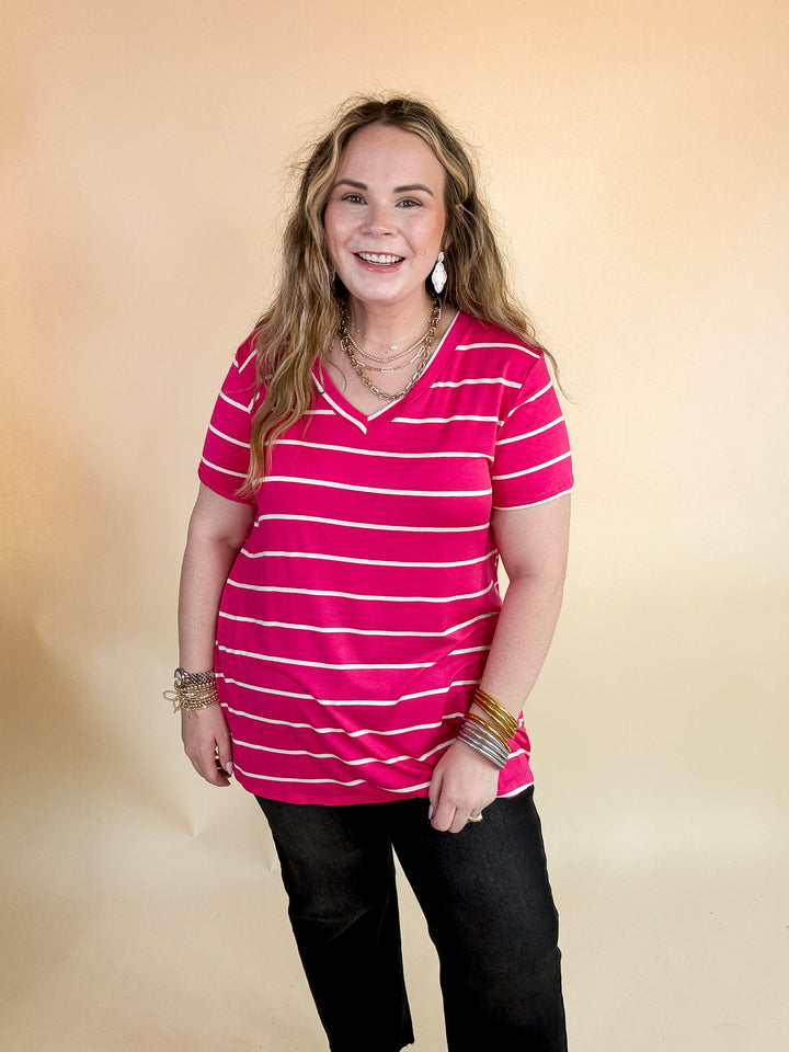 Keep Things Casual Striped V Neck Tee in Fuchsia