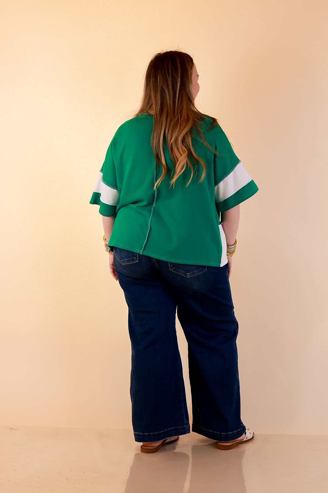 Simply Striking Color Block Rugby Style Wide Stripe Relaxed Short Sleeve Top in Kelly Green