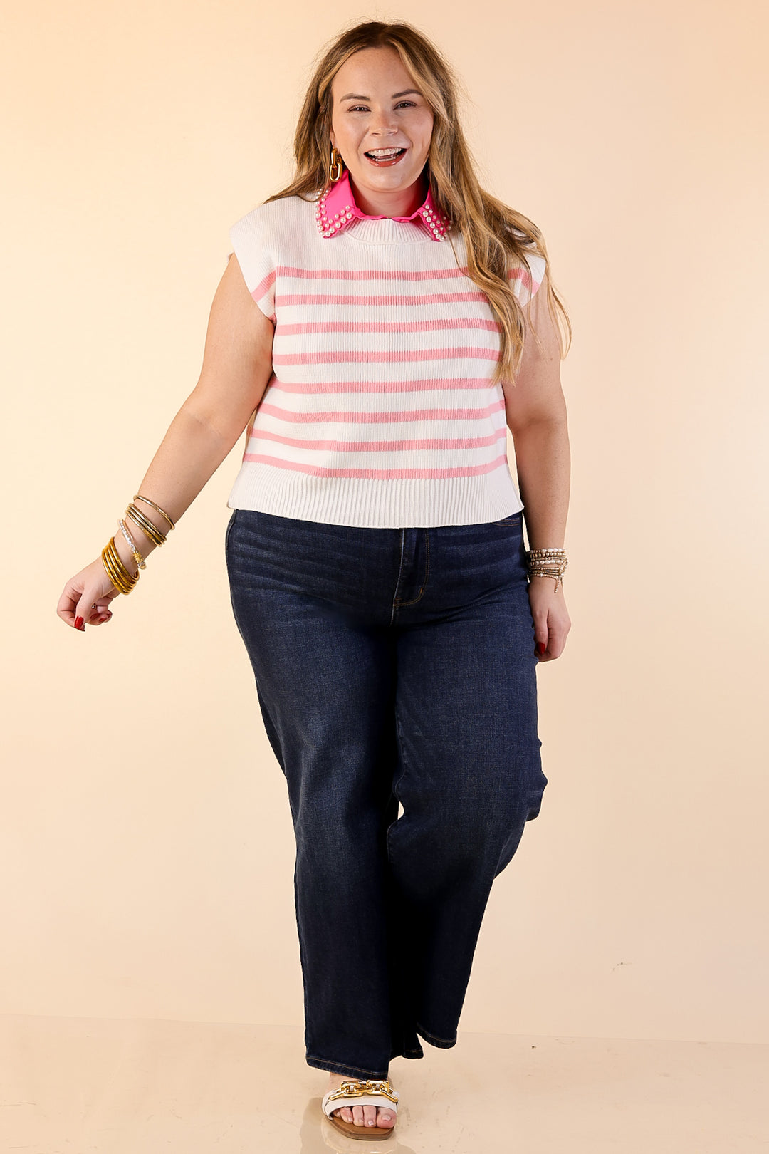 Stripe Things Up Drop Shoulder Knit Sweater in White with Pink Stripes
