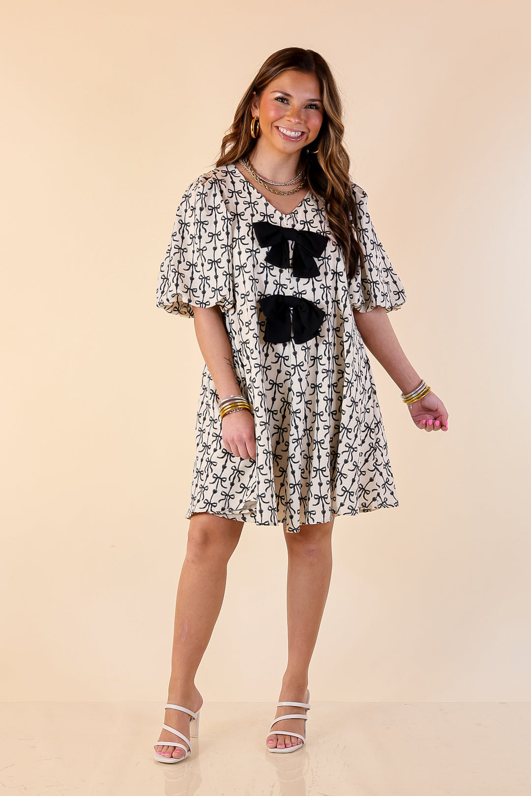 Simply Southern | Sweet as Ever Black Bow and Heart Print Dress with Black Bow Detailing in Ivory