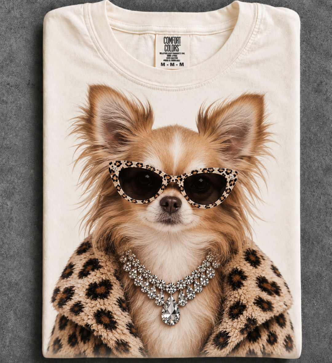 Custom Made to Order | Fur Coat Energy Longhair Chihuahua Faux Jewelry Printed Graphic Design Tee or Sweatshirt in Multiple Printing Options on Ivory