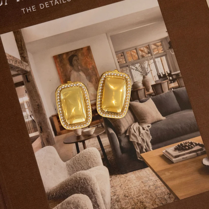 CHANSUTT PEARLS | Callista Rectangle Statement Stud Earrings with Pearl Trim in Gold