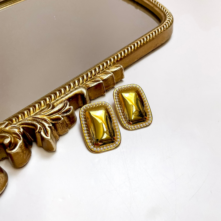 CHANSUTT PEARLS | Callista Rectangle Statement Stud Earrings with Pearl Trim in Gold