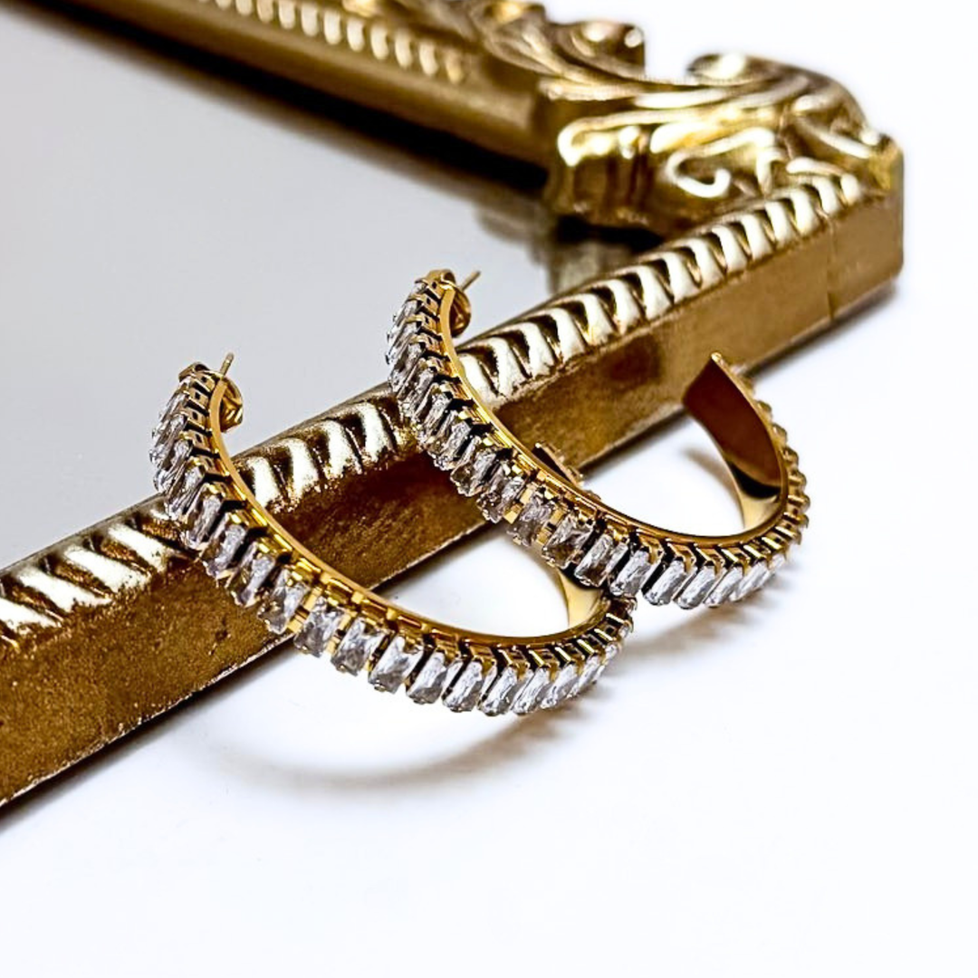 CHANSUTT PEARLS | Large Baguette Rectangle Rhinestone Hoop Earrings in Gold