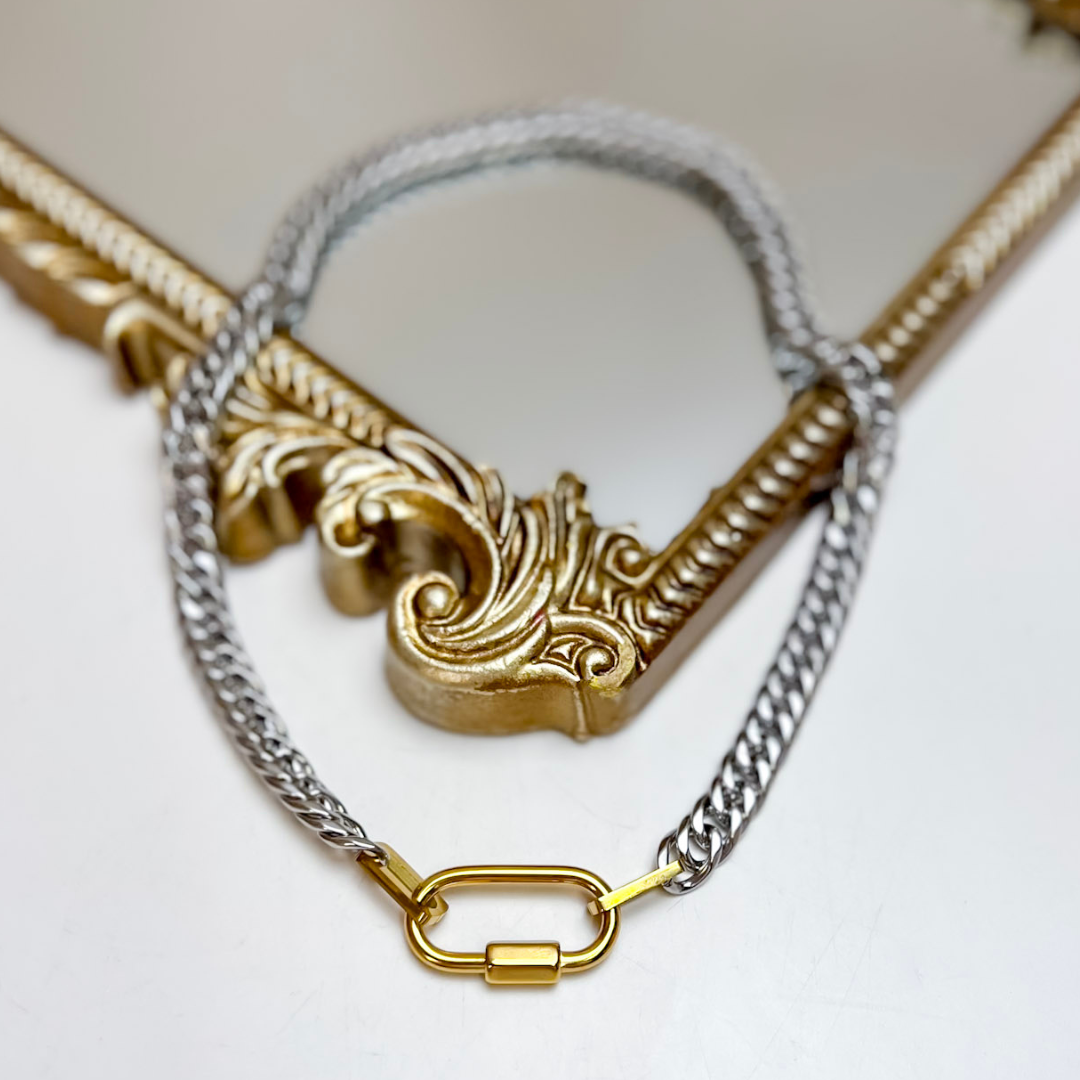Chan Sutt Pearls The Stephanie Two-Tone Chain Necklace featuring a silver-tone curb chain with a polished gold-tone oval connector clasp in a mixed-metal design.
