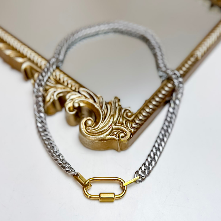 Chan Sutt Pearls The Stephanie Two-Tone Chain Necklace featuring a silver-tone curb chain with a polished gold-tone oval connector clasp in a mixed-metal design.