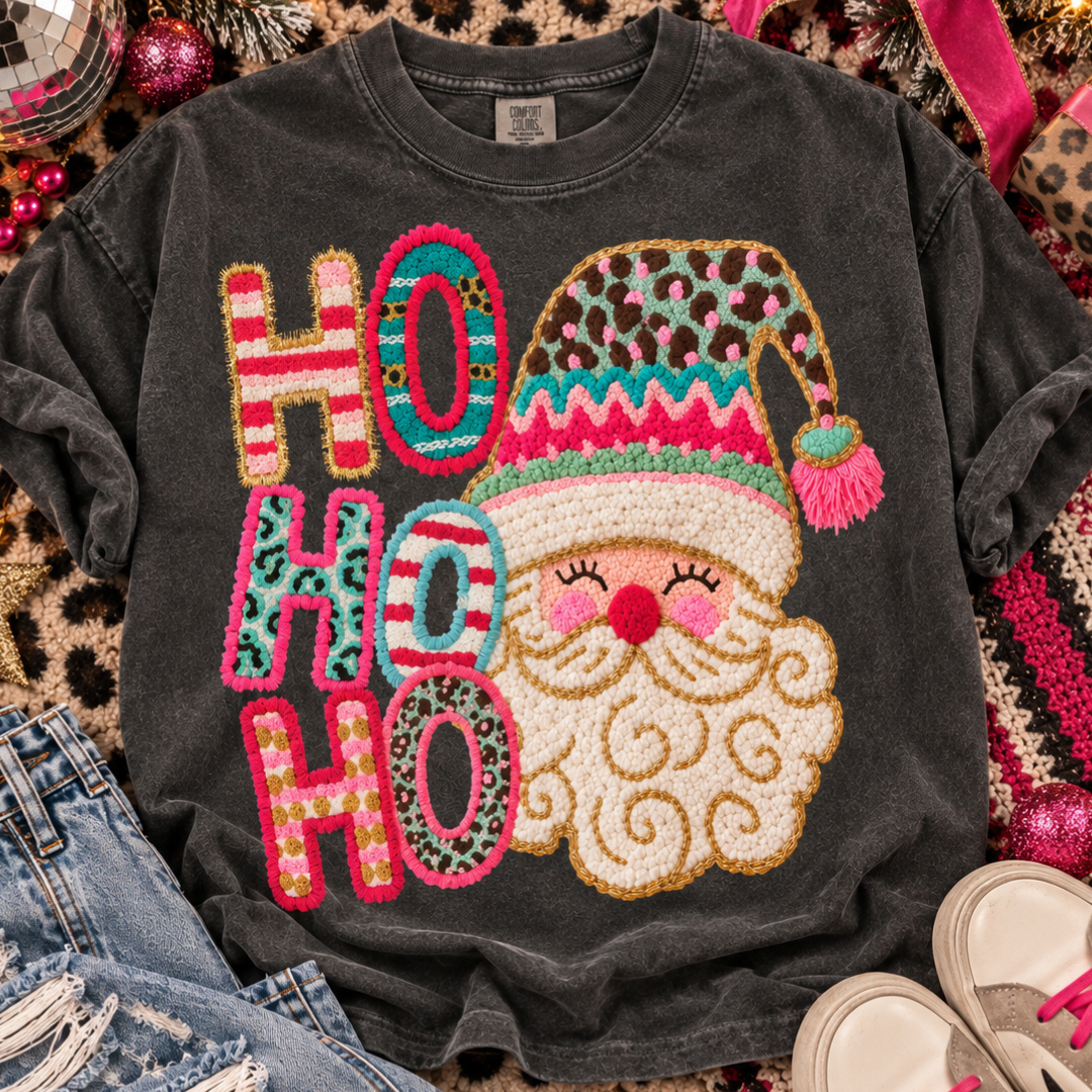 Made to Order | CHRISTMAS Faux Yarn Leopard Santa Graphic Tee or Sweatshirt in Multiple Printing Options on Pepper Black