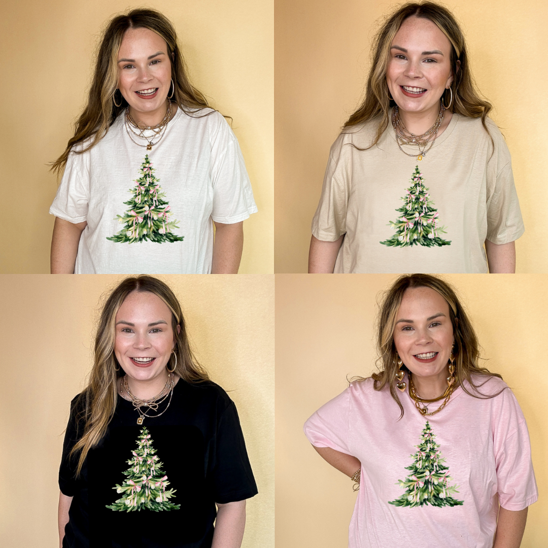 Online Exclusive | Coquette Light Pink Bow Christmas Tree Graphic Tee in Multiple Color Option