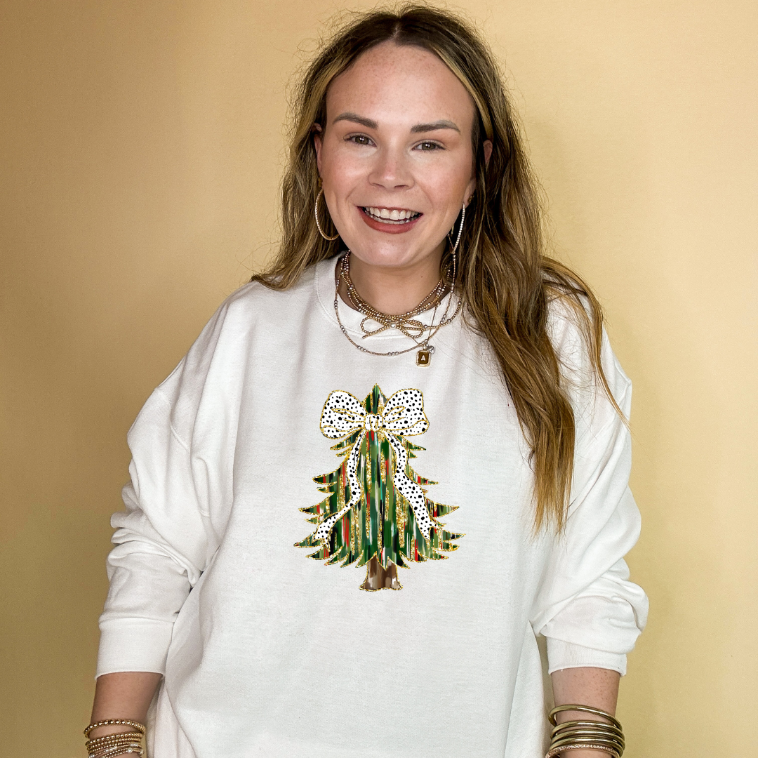 Online Exclusive | Christmas Tree Watercolor and Gold Accents Graphic Sweatshirt in Multiple Color Options