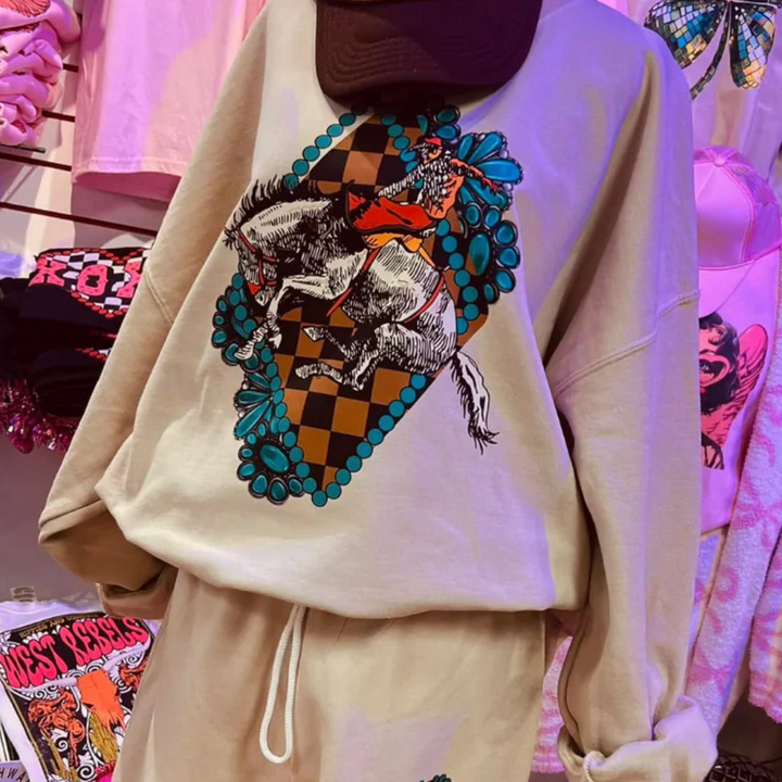 Online Exclusive | Cowboy Diamond Bucking Horse Graphic Sweatshirt in Beige Sand