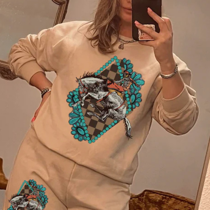 Online Exclusive | Cowboy Diamond Bucking Horse Graphic Sweatshirt in Beige Sand