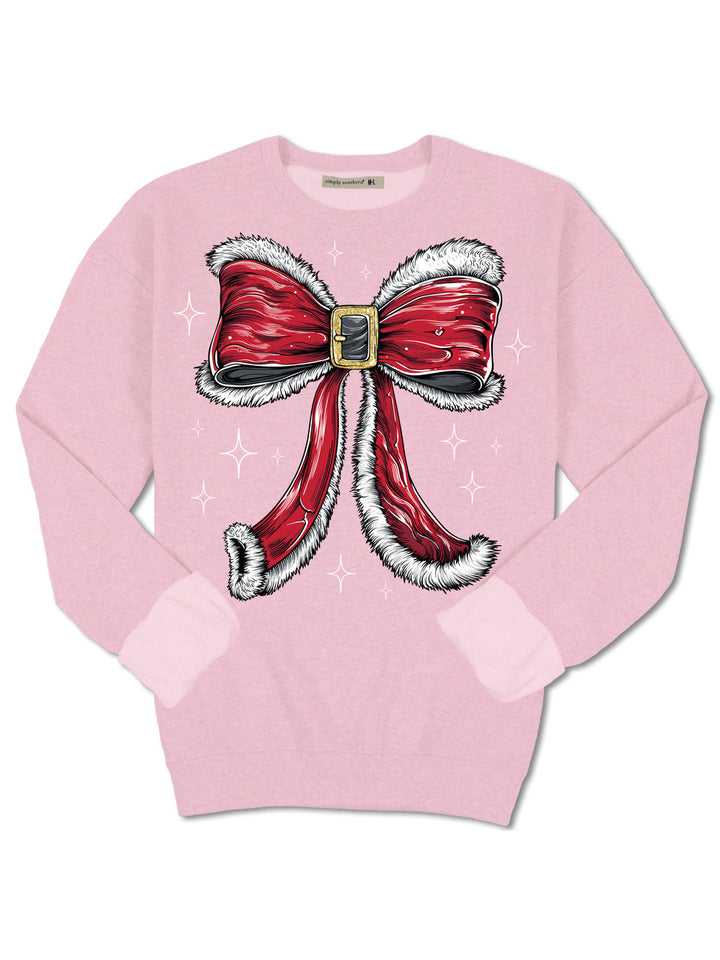 Simply Southern | Wrapped in Joy Santa's Suit Bow Graphic Crewneck Sweatshirt in Tutu Pink