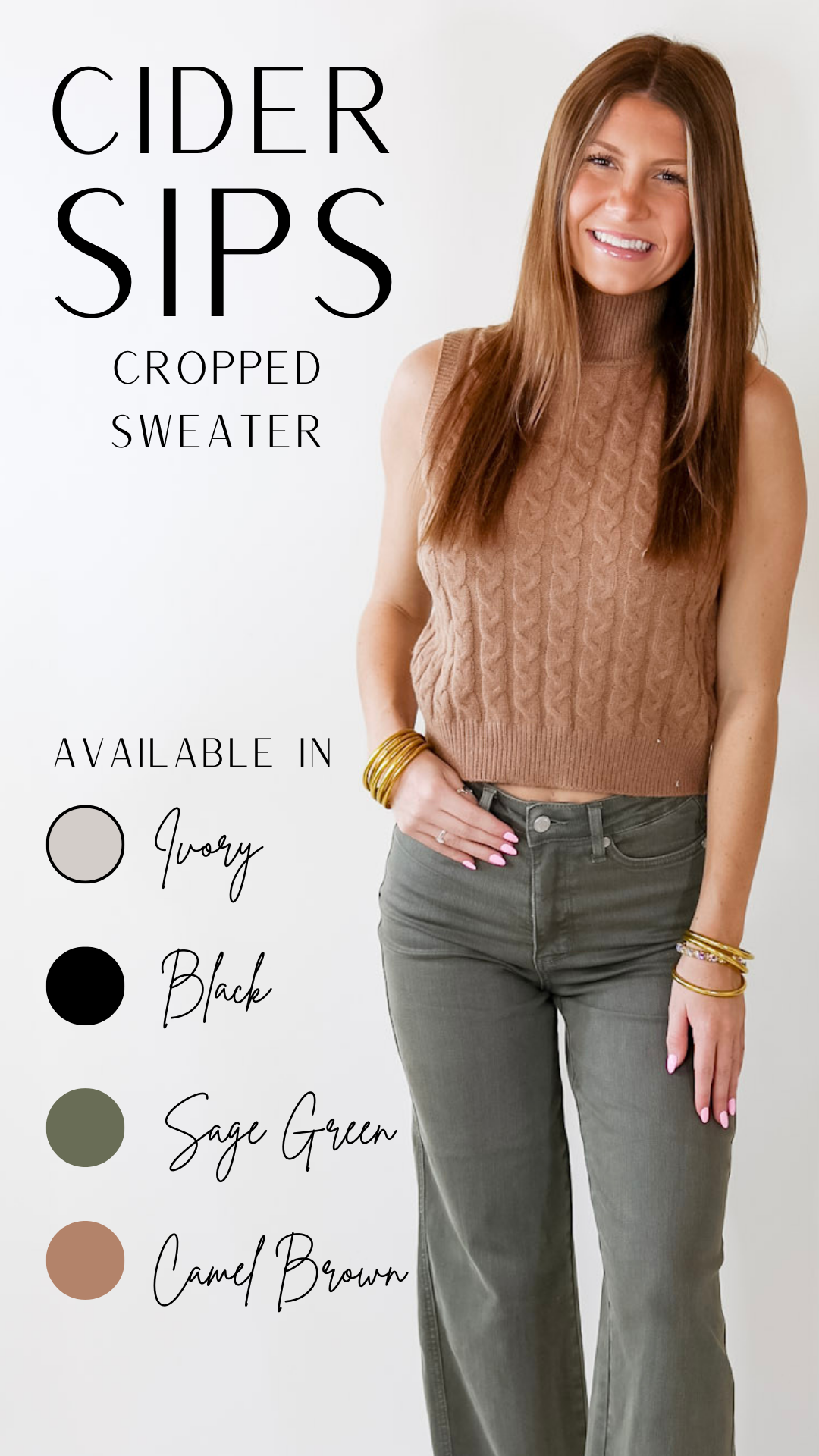 Cider Sips Cropped Sweater Tank Top with High Neck in Camel Brown