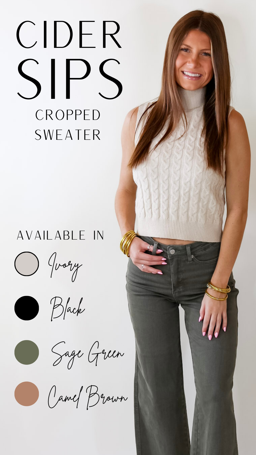 Cider Sips Cropped Sweater Tank Top with High Neck in Ivory