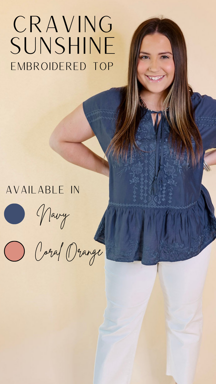 Craving Sunshine Embroidered Cap Sleeve Top with Keyhole in Navy - Giddy Up Glamour Boutique
