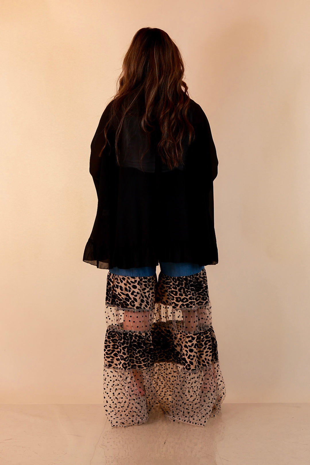 Call of the Wild leopard print tiered wide leg pants with sheer polka dot mesh in blue