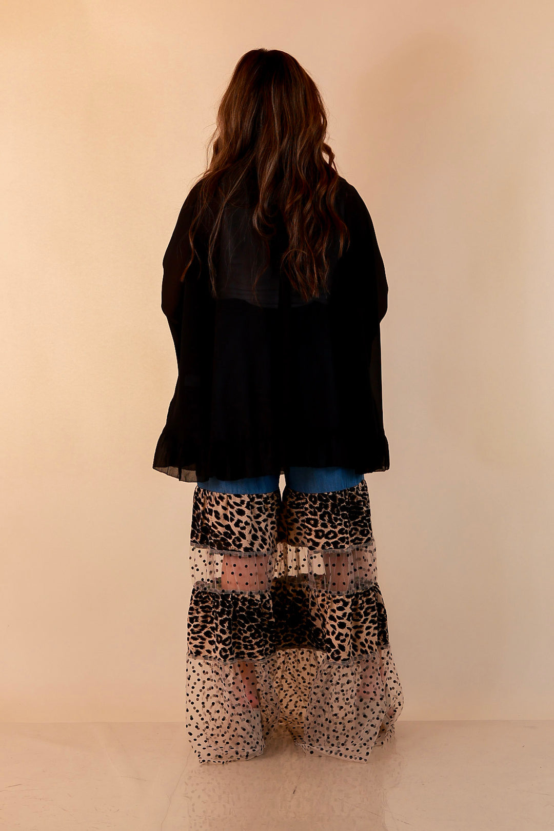 Call of the Wild leopard print tiered wide leg pants with sheer polka dot mesh in blue