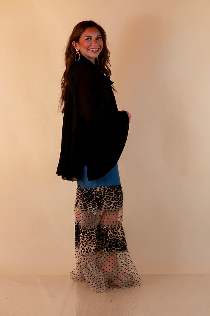 Call of the Wild leopard print tiered wide leg pants with sheer polka dot mesh in blue