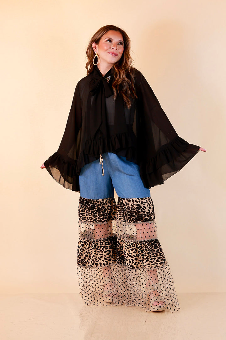 Call of the Wild leopard print tiered wide leg pants with sheer polka dot mesh in blue