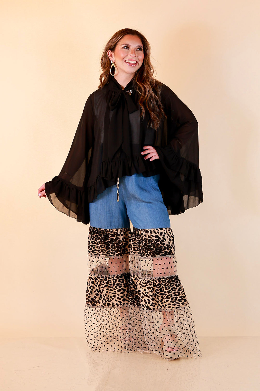 Call of the Wild leopard print tiered wide leg pants with sheer polka dot mesh in blue