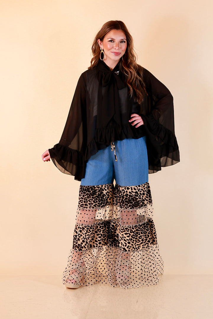 Call of the Wild leopard print tiered wide leg pants with sheer polka dot mesh in blue