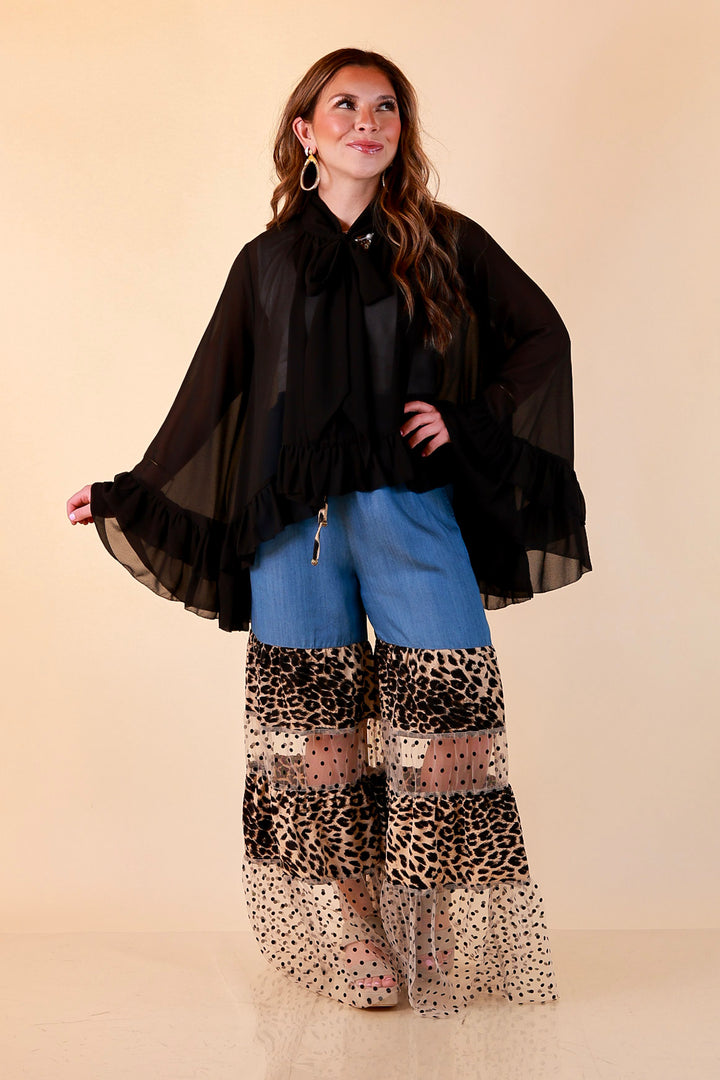 Call of the Wild leopard print tiered wide leg pants with sheer polka dot mesh in blue