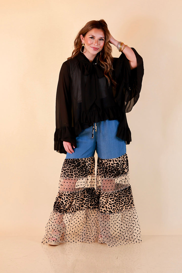 Call of the Wild leopard print tiered wide leg pants with sheer polka dot mesh in blue